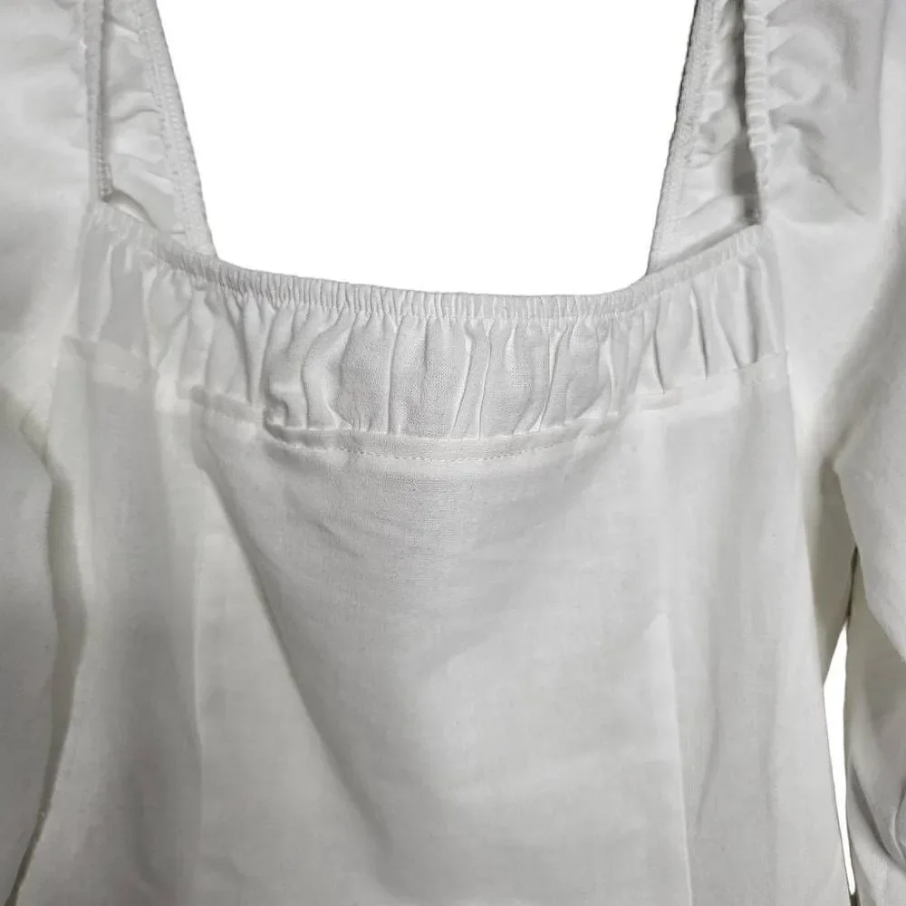 NEW Free People Square Neck Balloon Sleeves Cotton/Linen White Mini Dress Sz S